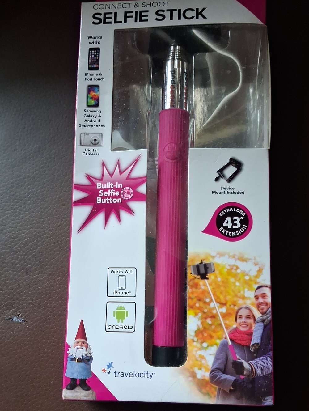 Velocity Pink Selfie Stick with Built-In Button and Phone Mount